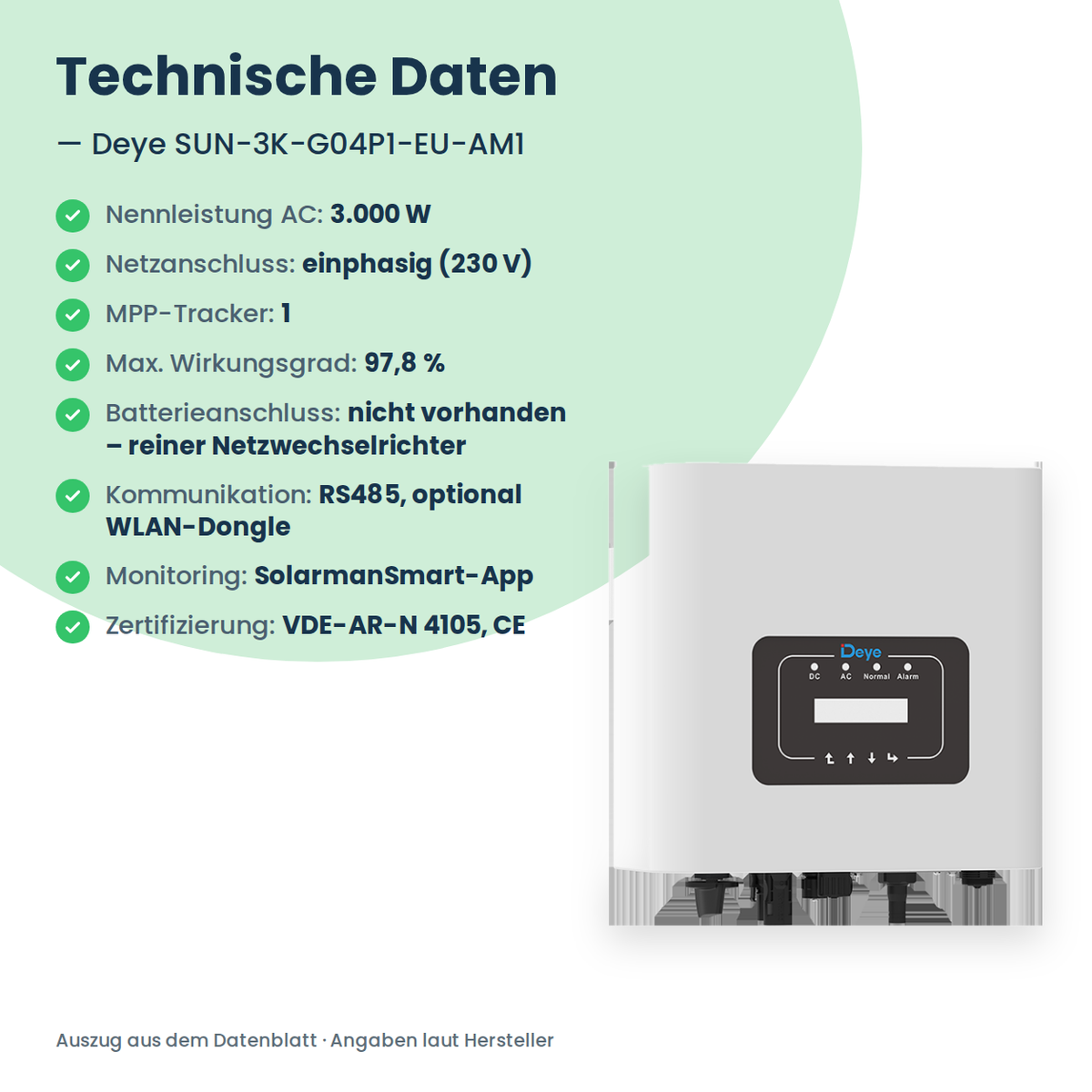 Deye SUN-3K-G04P1-EU-AM1 – 3 kW String-Wechselrichter einphasig mit 1 MPP-Tracker