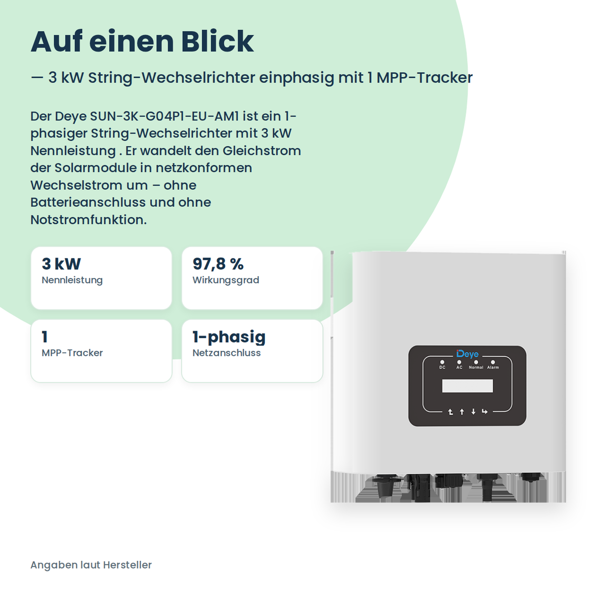 Deye SUN-3K-G04P1-EU-AM1 – 3 kW String-Wechselrichter einphasig mit 1 MPP-Tracker