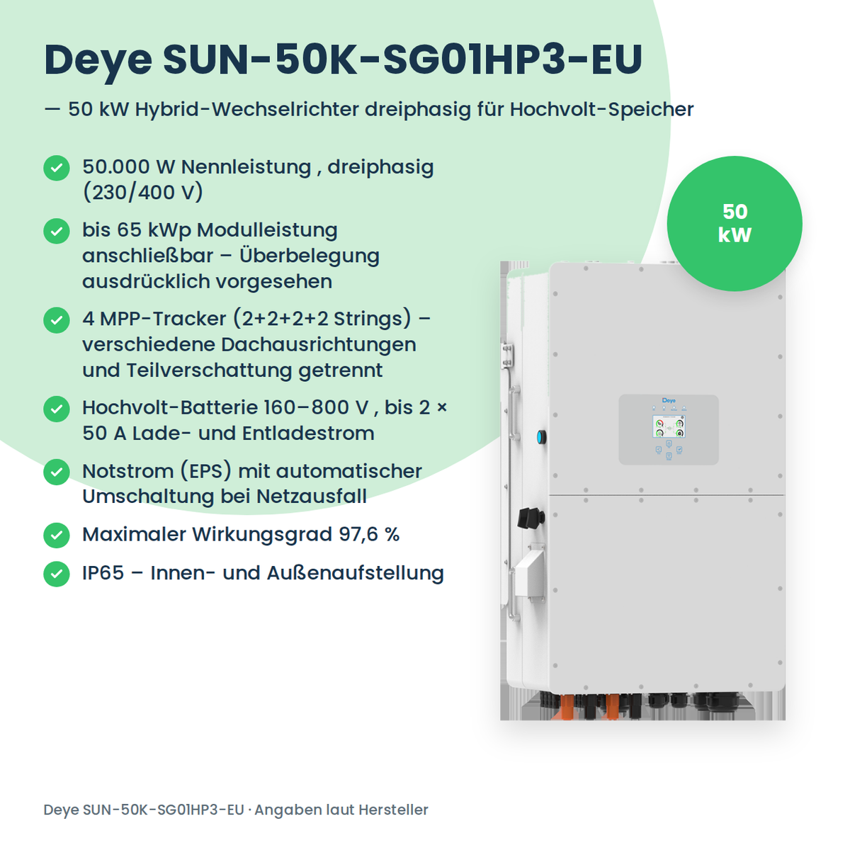 Deye SUN-50K-SG01HP3-EU – 50 kW Hybrid-Wechselrichter dreiphasig für Hochvolt-Speicher