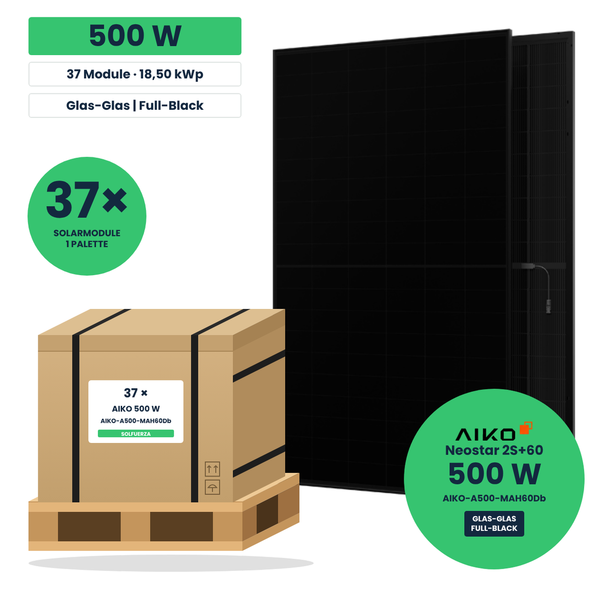 AIKO Neostar 2S+60 500 W Glas-Glas Solarmodul in Full-Black-Optik – Palette mit 37 Stück