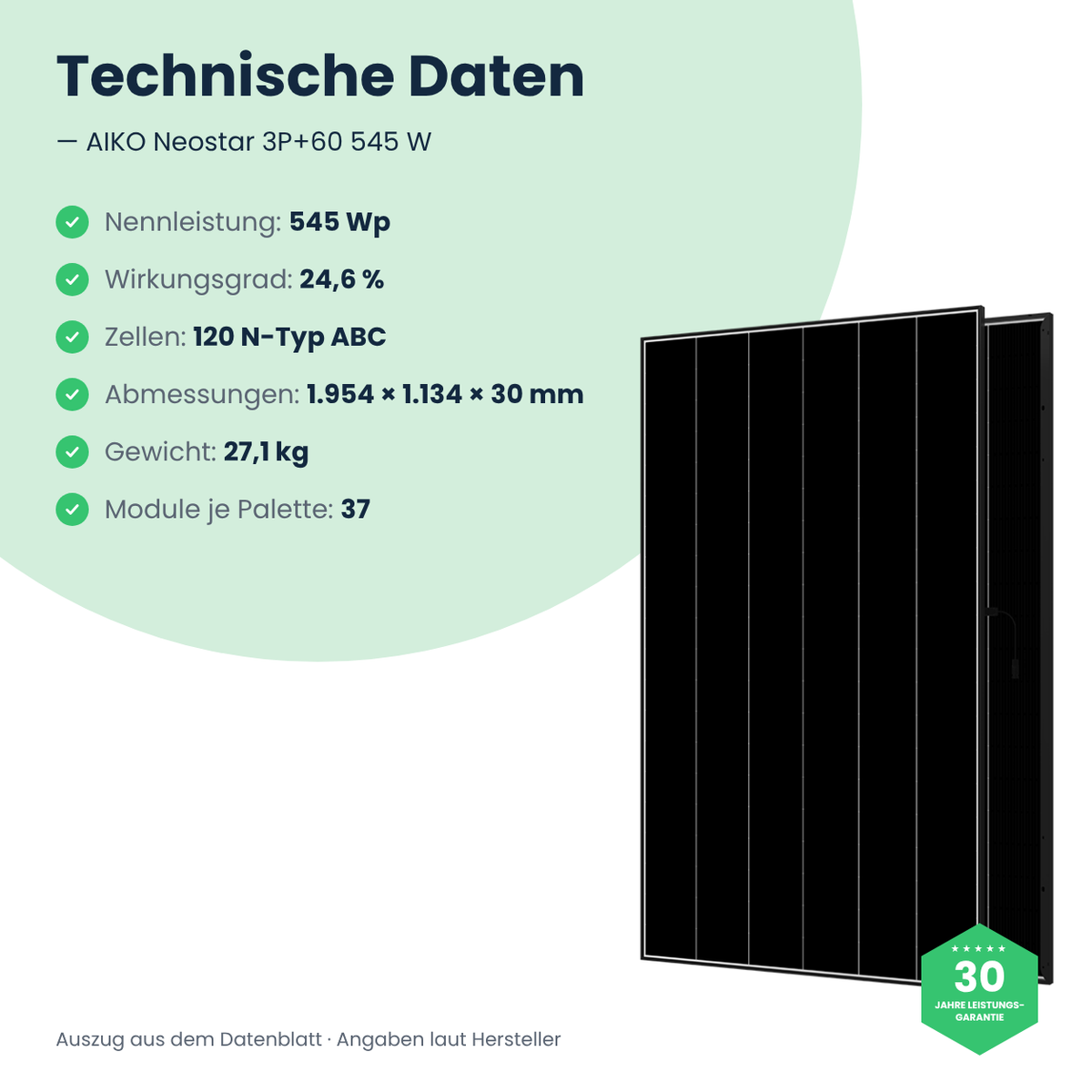 AIKO Neostar 3P+60 545 W – technische Daten, 1.954 × 1.134 × 30 mm, 27,1 kg