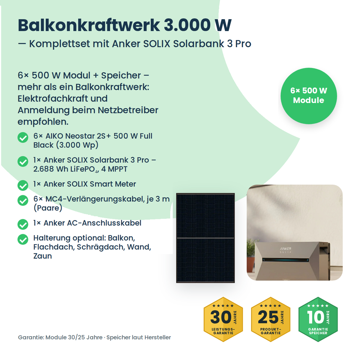 Balkonkraftwerk 3000W mit AIKO-Modulen und Solarbank 3 Pro – Lieferumfang des Komplettsets