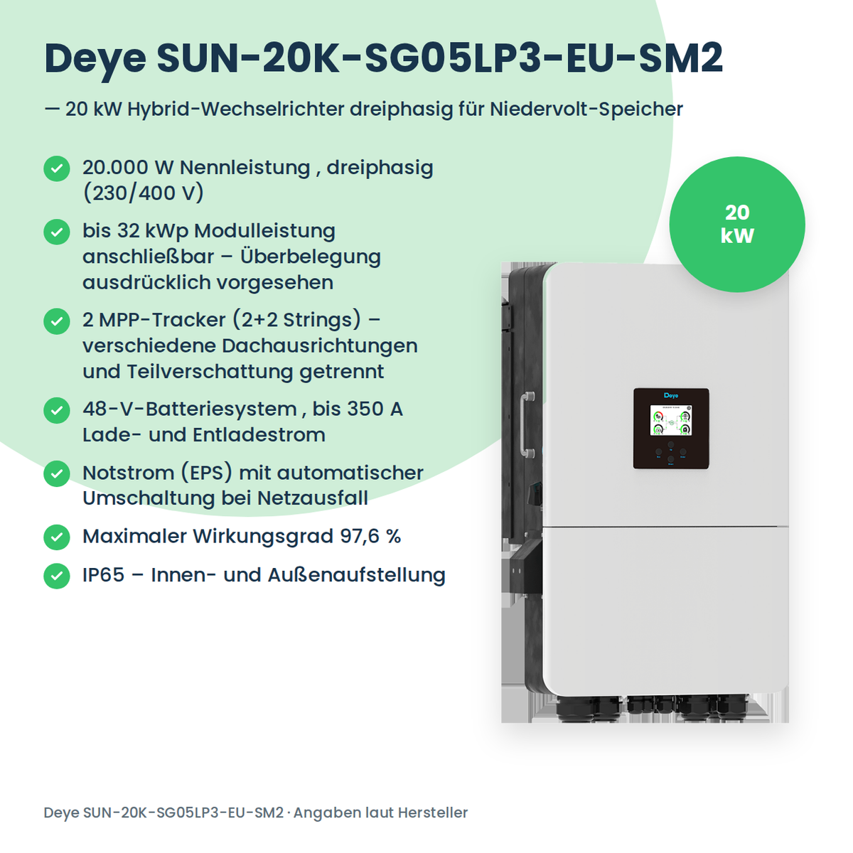 Deye SUN-20K-SG05LP3-EU-SM2 – 20 kW Hybrid-Wechselrichter dreiphasig für Niedervolt-Speicher