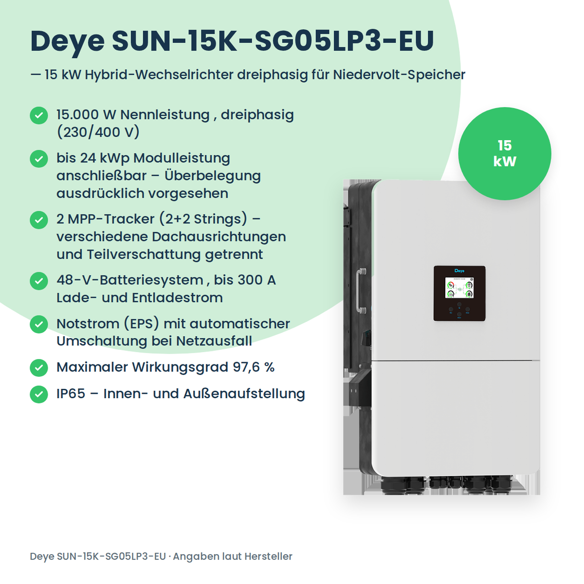 Deye SUN-15K-SG05LP3-EU – 15 kW Hybrid-Wechselrichter dreiphasig für Niedervolt-Speicher