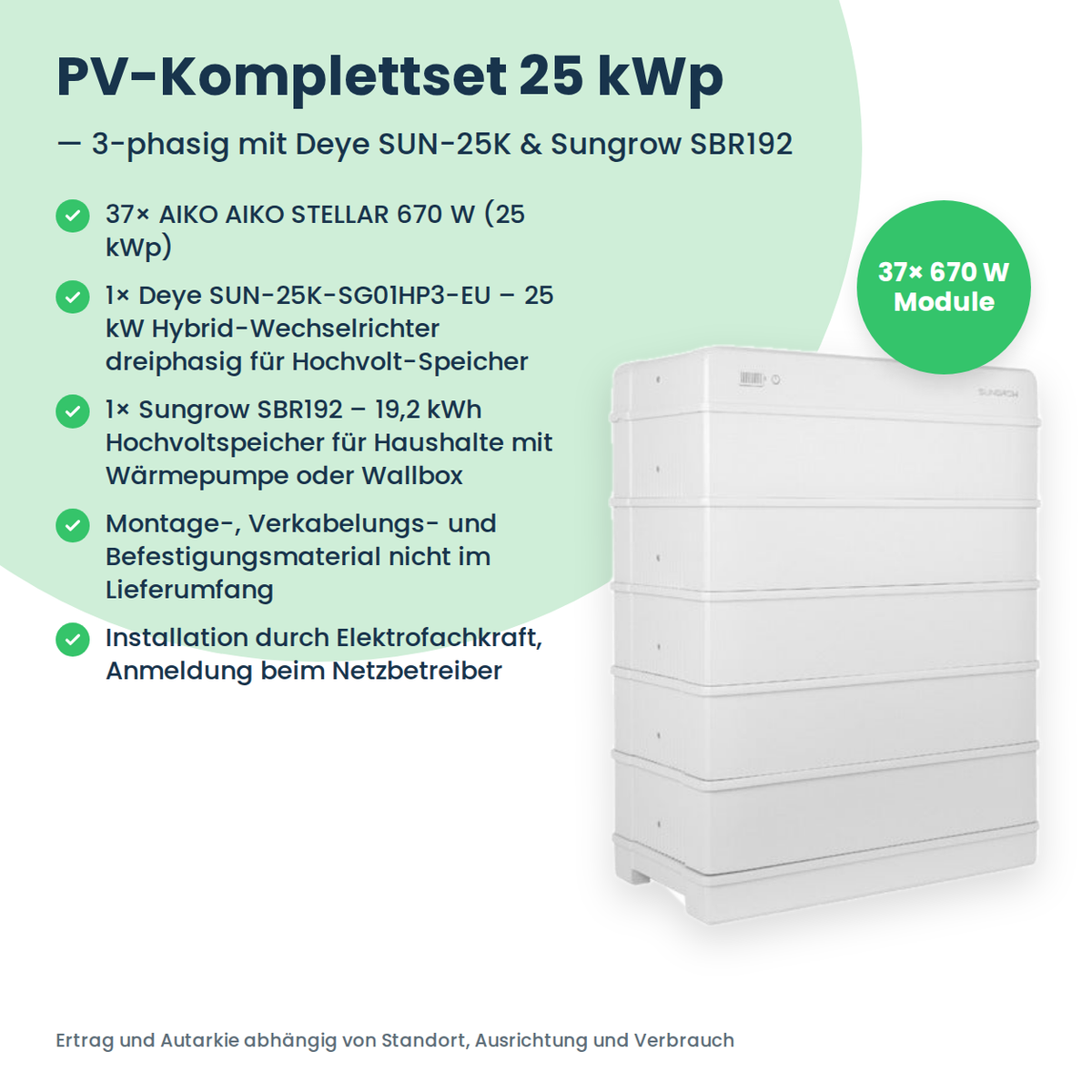 PV-Komplettset 25 kWp 3-ph. | 37× AIKO STELLAR 670W + Deye SUN-25K-SG01HP3 + Sungrow SBR192
