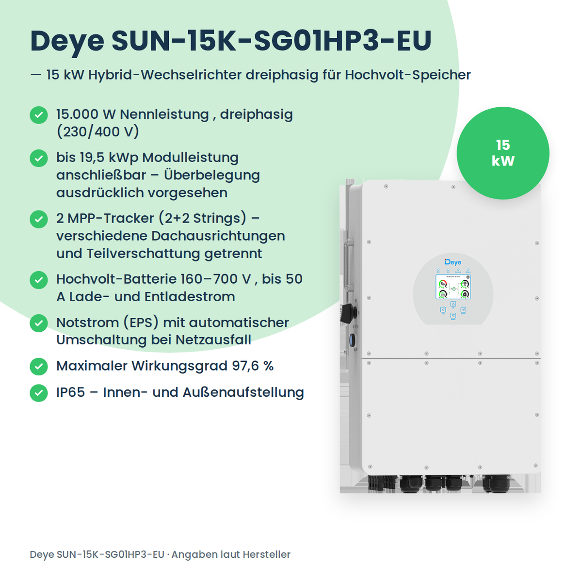 Deye SUN-15K-SG01HP3-EU – 15 kW Hybrid-Wechselrichter dreiphasig für Hochvolt-Speicher