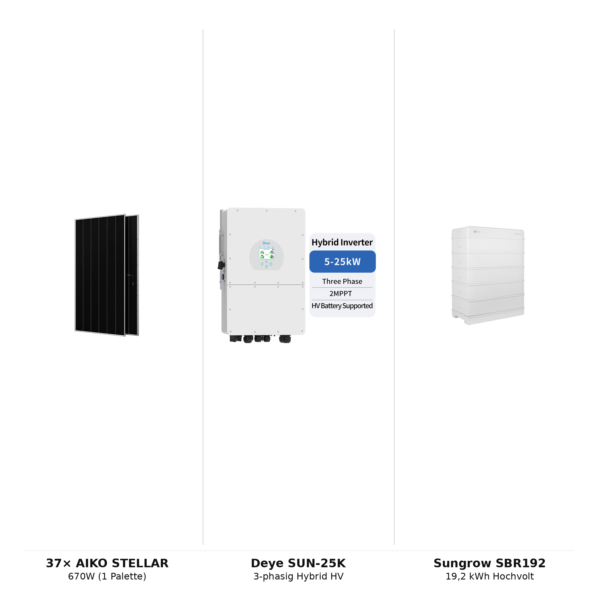 PV-Komplettset 25 kWp 3-ph. | 37× AIKO STELLAR 670W + Deye SUN-25K-SG01HP3 + Sungrow SBR192