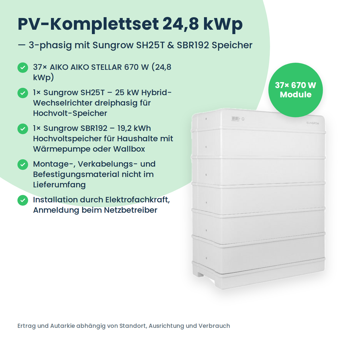 PV-Komplettset 24,8 kWp 3-ph. | 37× AIKO STELLAR 670W + Sungrow SH25T + Sungrow SBR192