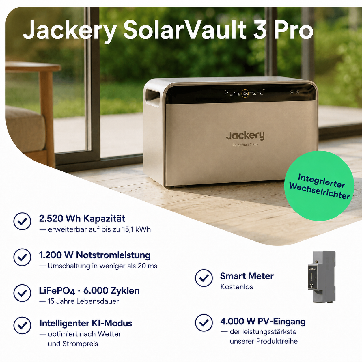 Balkonkraftwerk 2000W mit Speicher – 4× Jolywood 500W + Jackery SolarVault 3 Pro
