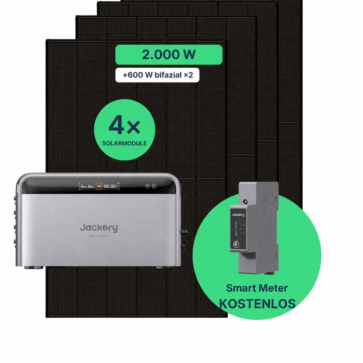 Balkonkraftwerk 2000W mit Speicher – 4× Jolywood 500W + Jackery SolarVault 3 Pro