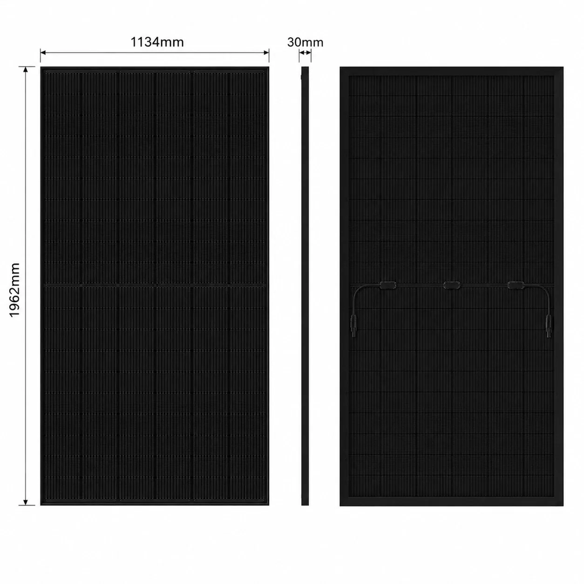 Maßzeichnung des Solarmoduls: 1.962 x 1.134 x 30 mm, Vorder- und Rückseite