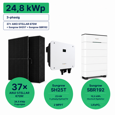 PV-Komplettset 24,8 kWp 3-ph. | 37× AIKO STELLAR 670W + Sungrow SH25T + Sungrow SBR192
