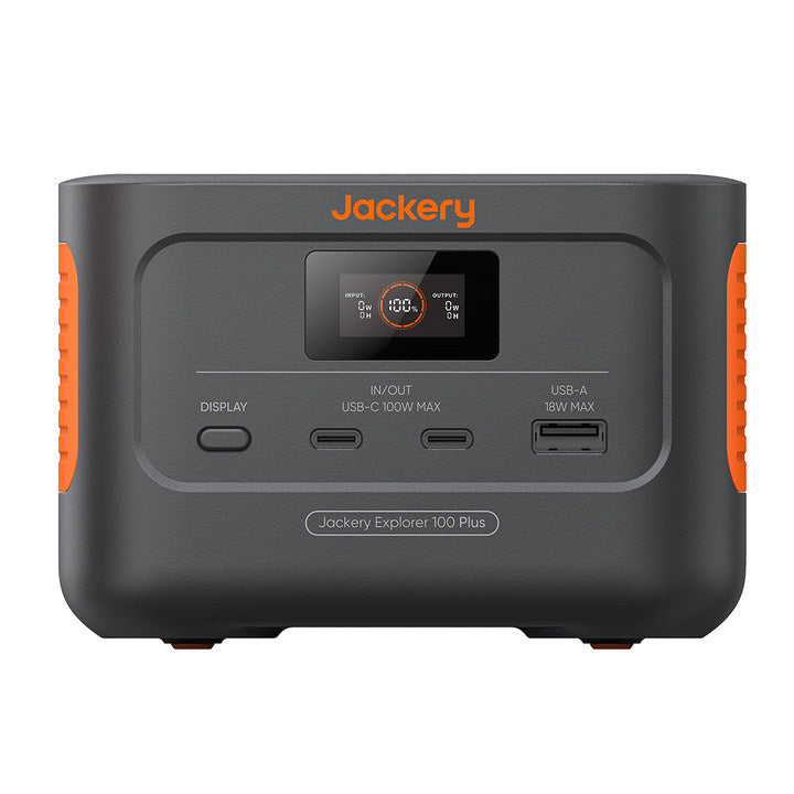 Jackery Explorer 100 Plus Mini-Powerstation mit 99 Wh – Frontansicht mit Display, zwei USB-C- und einem USB-A-Anschluss