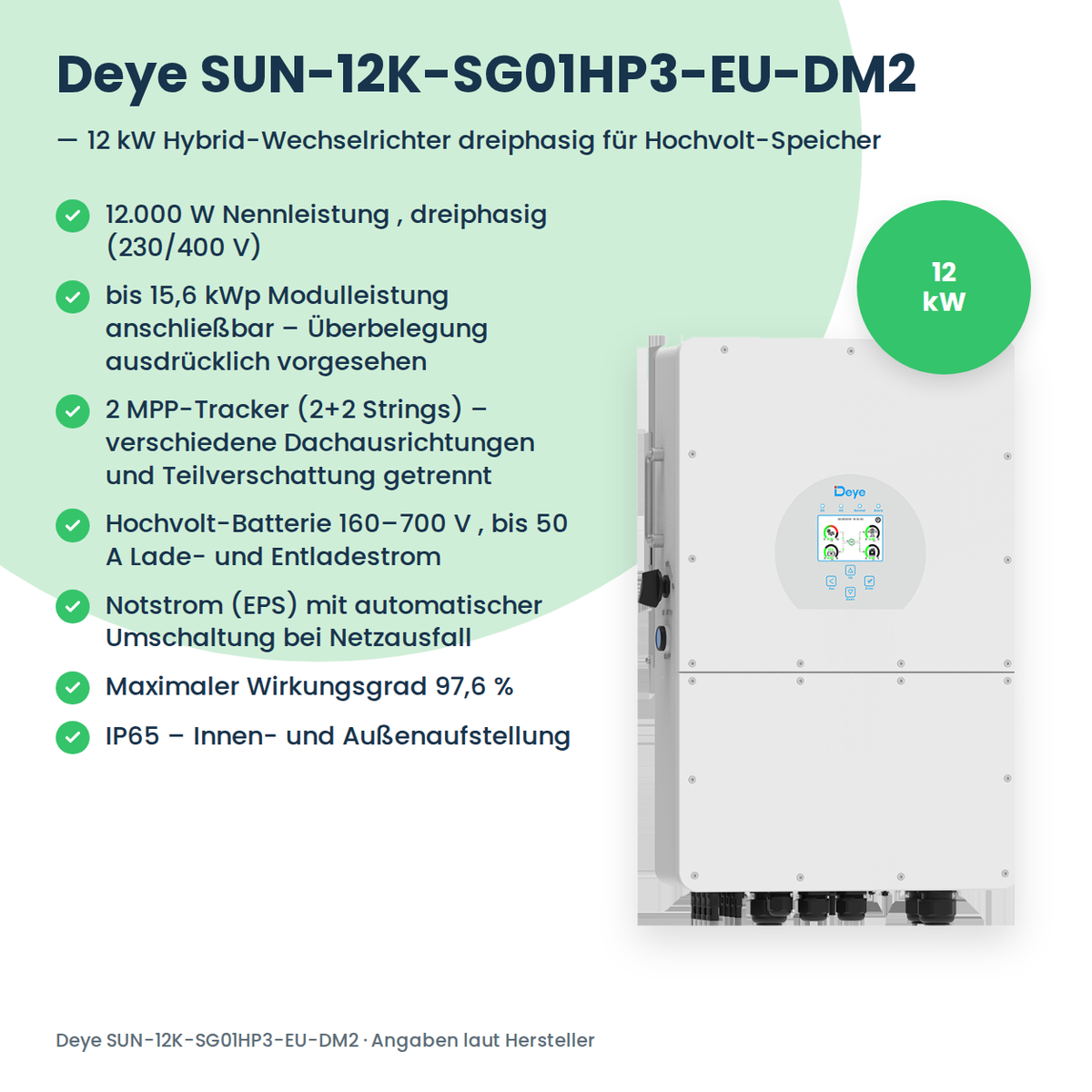 Deye SUN-12K-SG01HP3-EU-DM2 – 12 kW Hybrid-Wechselrichter dreiphasig für Hochvolt-Speicher