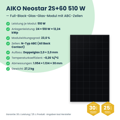 PV-Komplettset 12,24 kWp 3-ph. | 24× AIKO Neostar 510W + Deye SUN-12K-SG05LP3 + Deye LV SE-F16-C