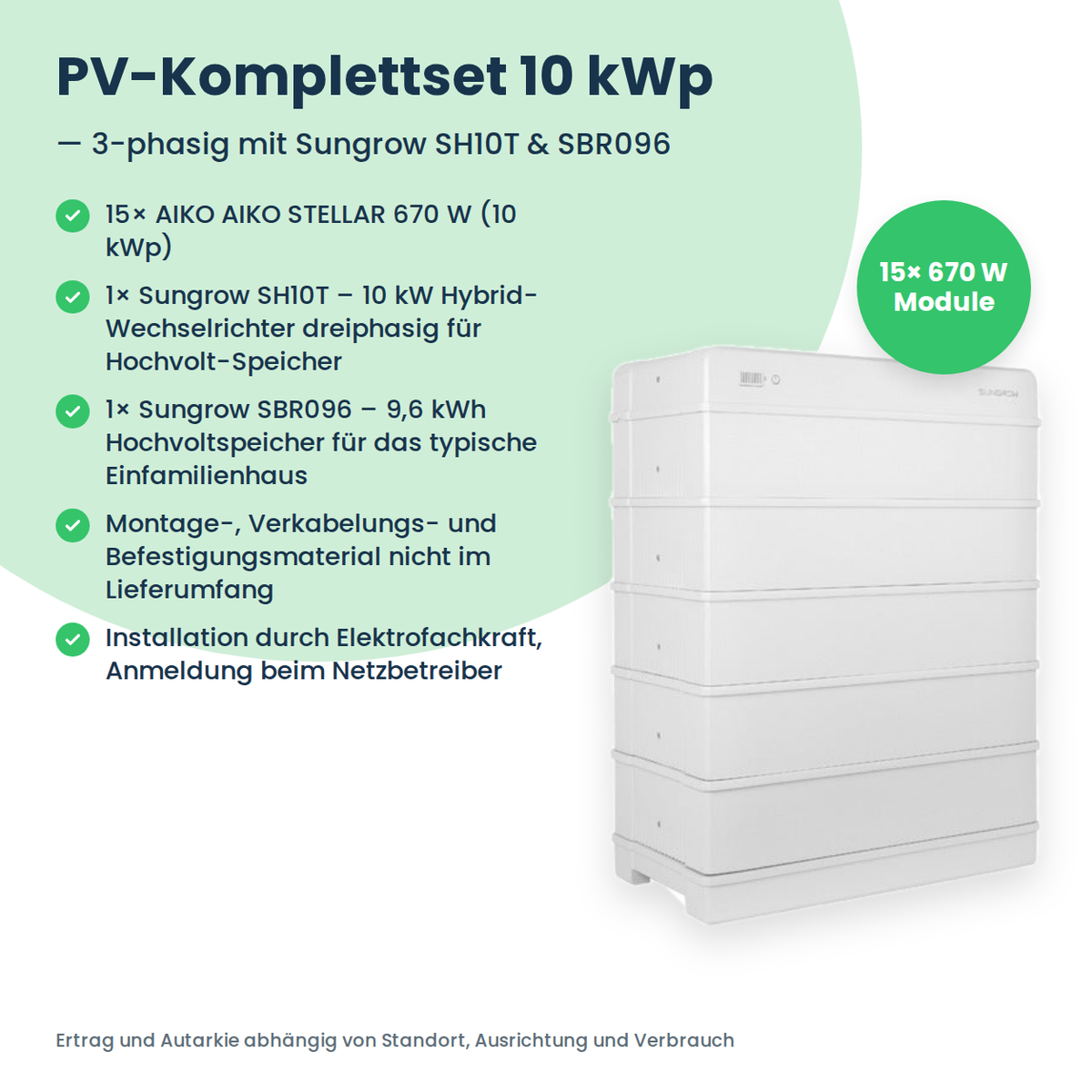 PV-Komplettset 10 kWp 3-ph. | 15× AIKO STELLAR 670W + Sungrow SH10T + Sungrow SBR096
