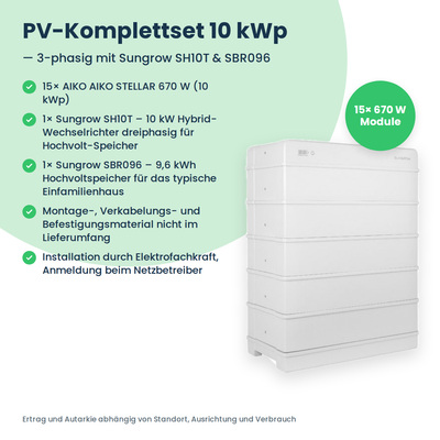 PV-Komplettset 10 kWp 3-ph. | 15× AIKO STELLAR 670W + Sungrow SH10T + Sungrow SBR096