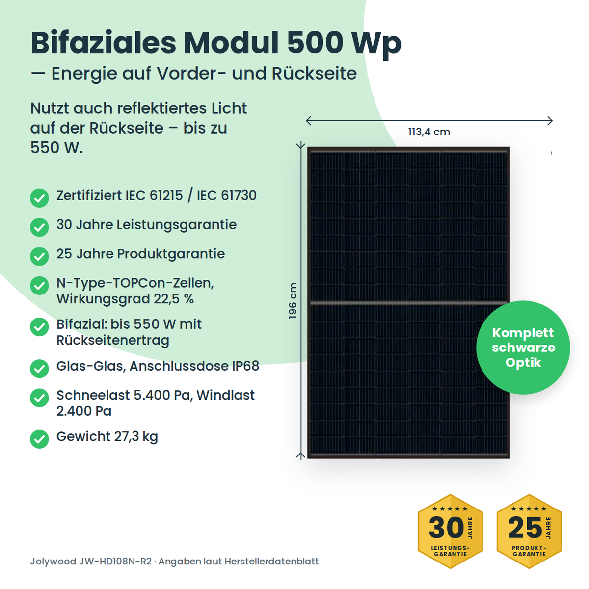 Jolywood 500 W bifaziales Glas-Glas-Solarmodul – technische Daten, 30 Jahre Leistungsgarantie