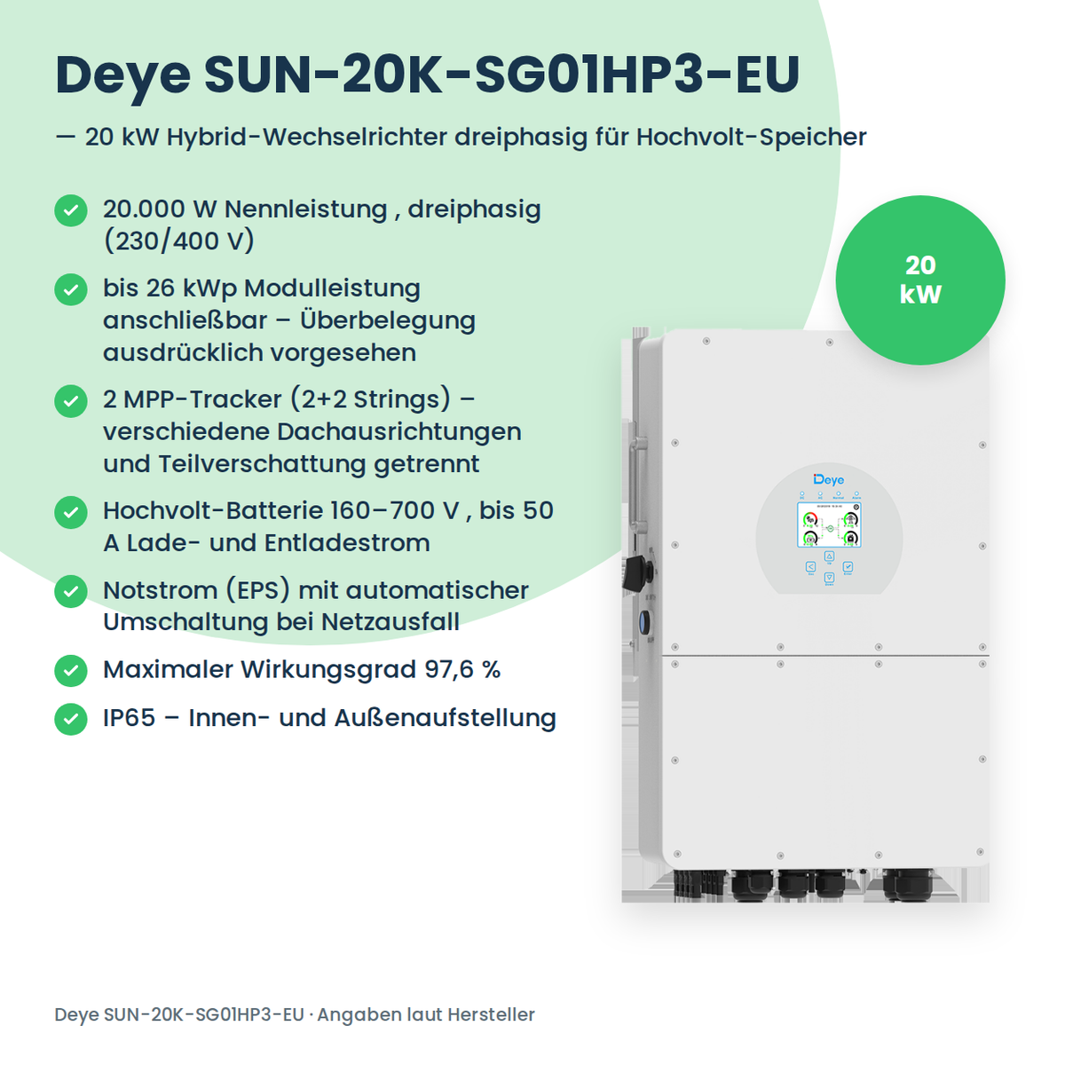 Deye SUN-20K-SG01HP3-EU – 20 kW Hybrid-Wechselrichter dreiphasig für Hochvolt-Speicher