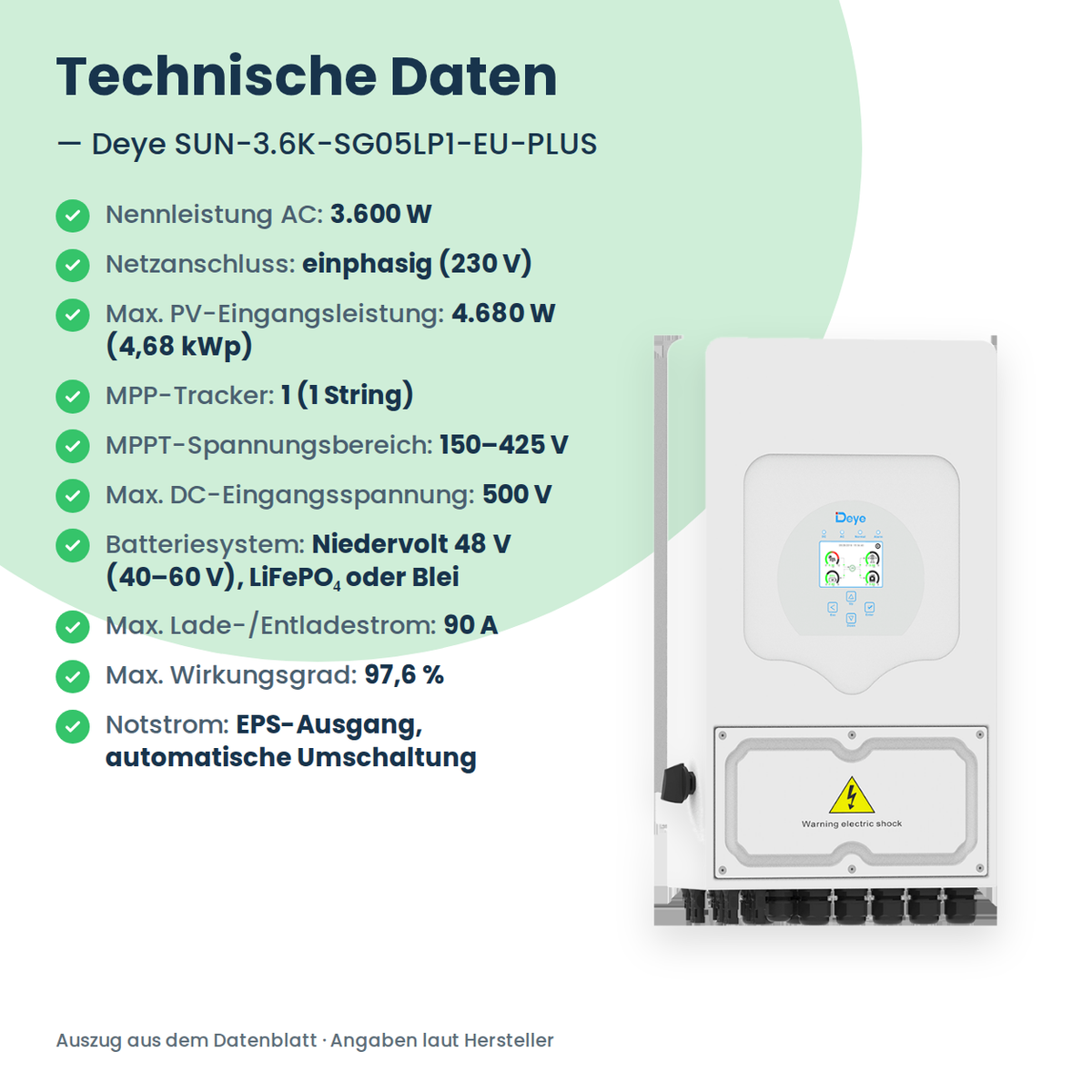 Deye SUN-3.6K-SG05LP1-EU-PLUS – 3,6 kW Hybrid-Wechselrichter einphasig für Niedervolt-Speicher