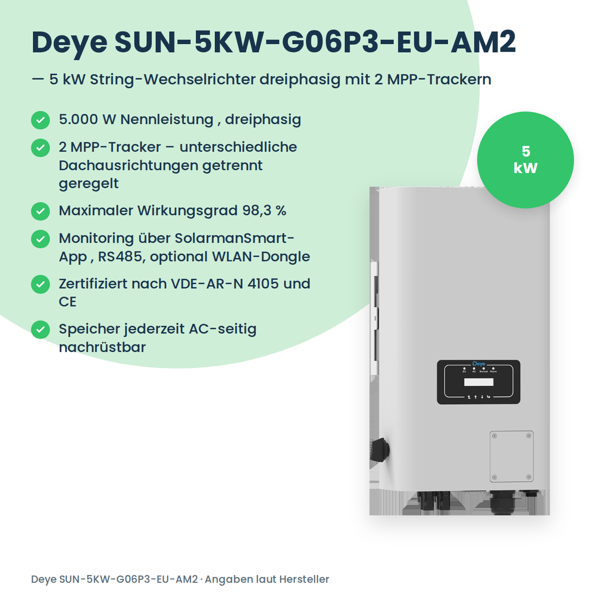Deye SUN-5KW-G06P3-EU-AM2 – 5 kW String-Wechselrichter dreiphasig mit 2 MPP-Trackern