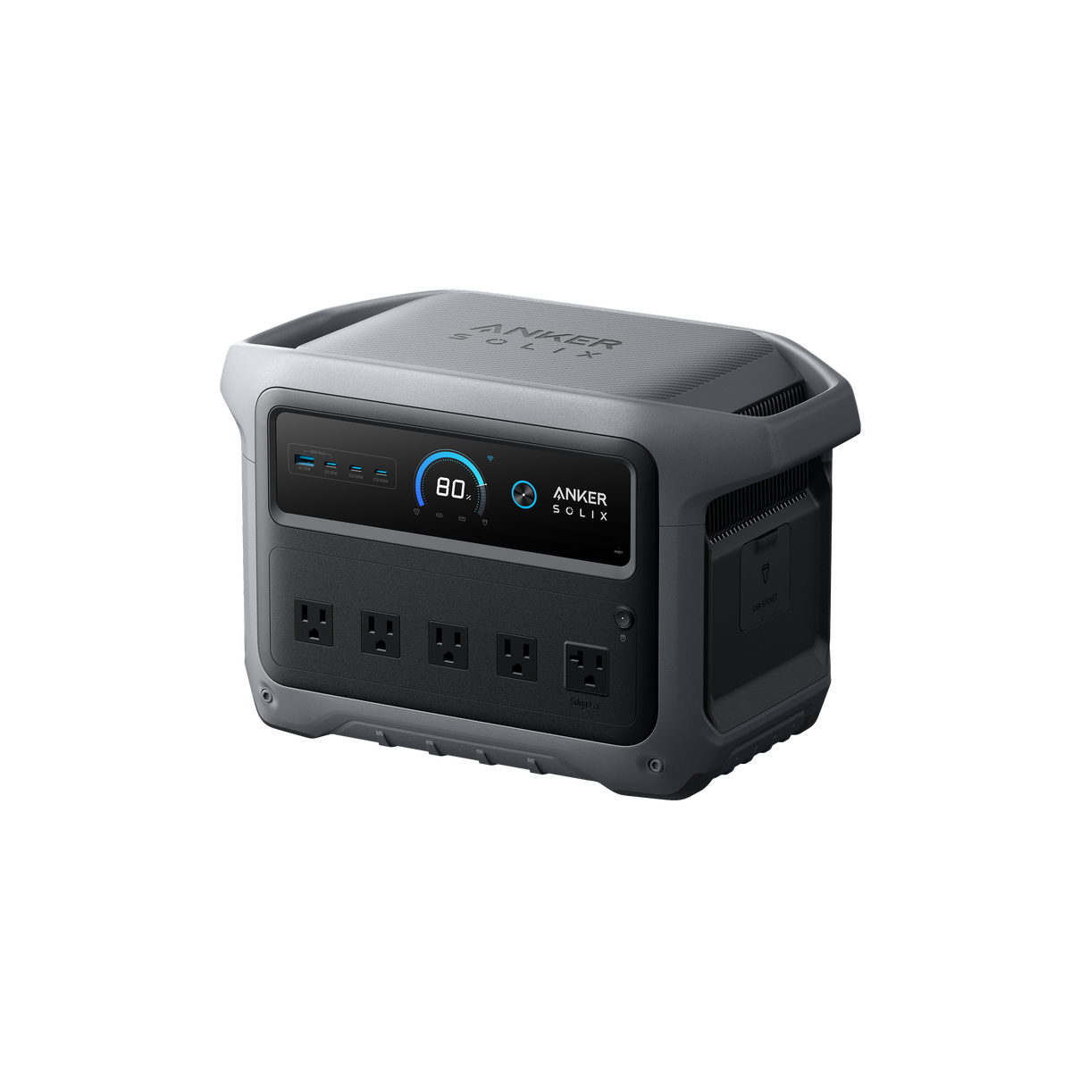 Anker SOLIX C1000 Gen 2 tragbare Powerstation – Schrägansicht mit Ringdisplay und fünf AC-Steckdosen