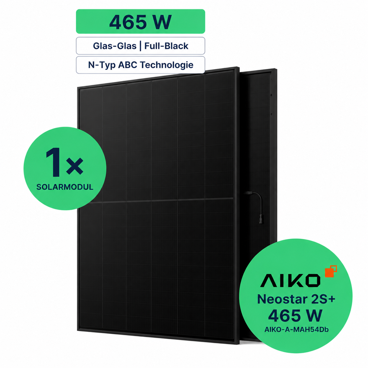 AIKO Neostar 2S+ 465 W Glas-Glas Solarmodul in Full-Black – Produktgrafik mit Hinweis auf N-Typ-ABC-Technologie