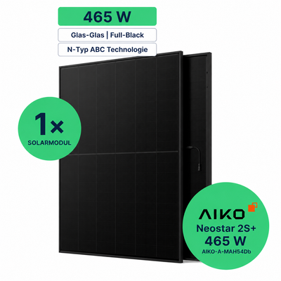 AIKO Neostar 2S+ 465 W Glas-Glas Solarmodul in Full-Black – Produktgrafik mit Hinweis auf N-Typ-ABC-Technologie