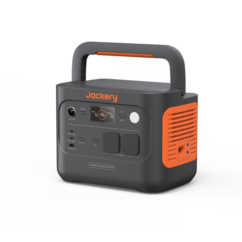 Jackery Explorer 1000 v2 tragbare Powerstation – Schrägansicht mit Tragegriff, Display und orangefarbenem Lüftungsgitter