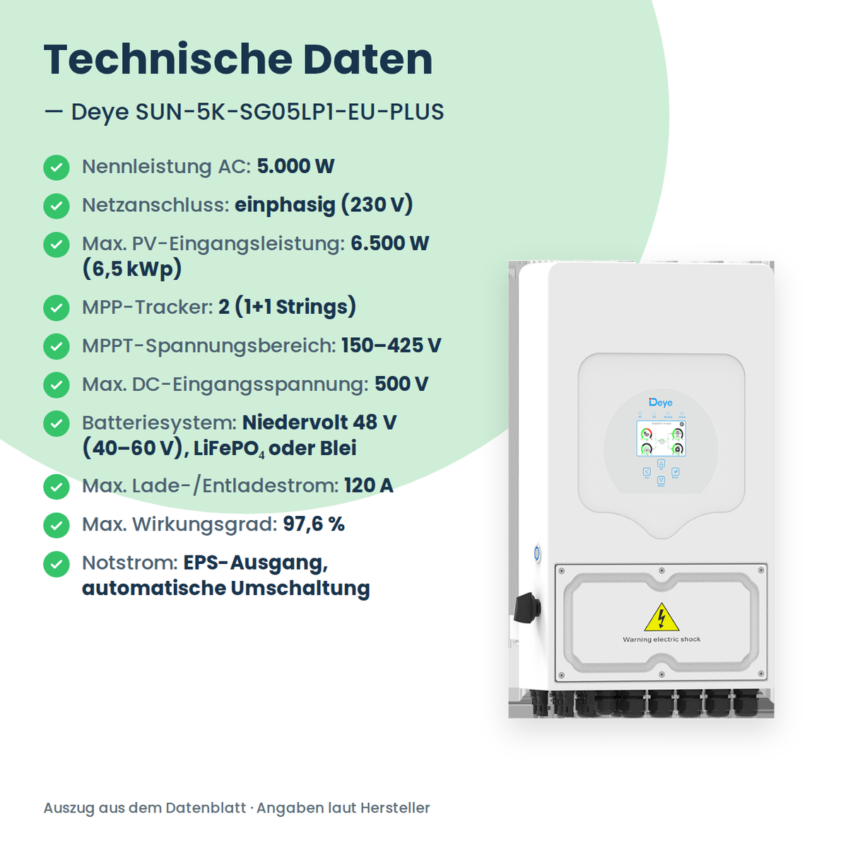 Deye SUN-5K-SG05LP1-EU-PLUS – 5 kW Hybrid-Wechselrichter einphasig für Niedervolt-Speicher