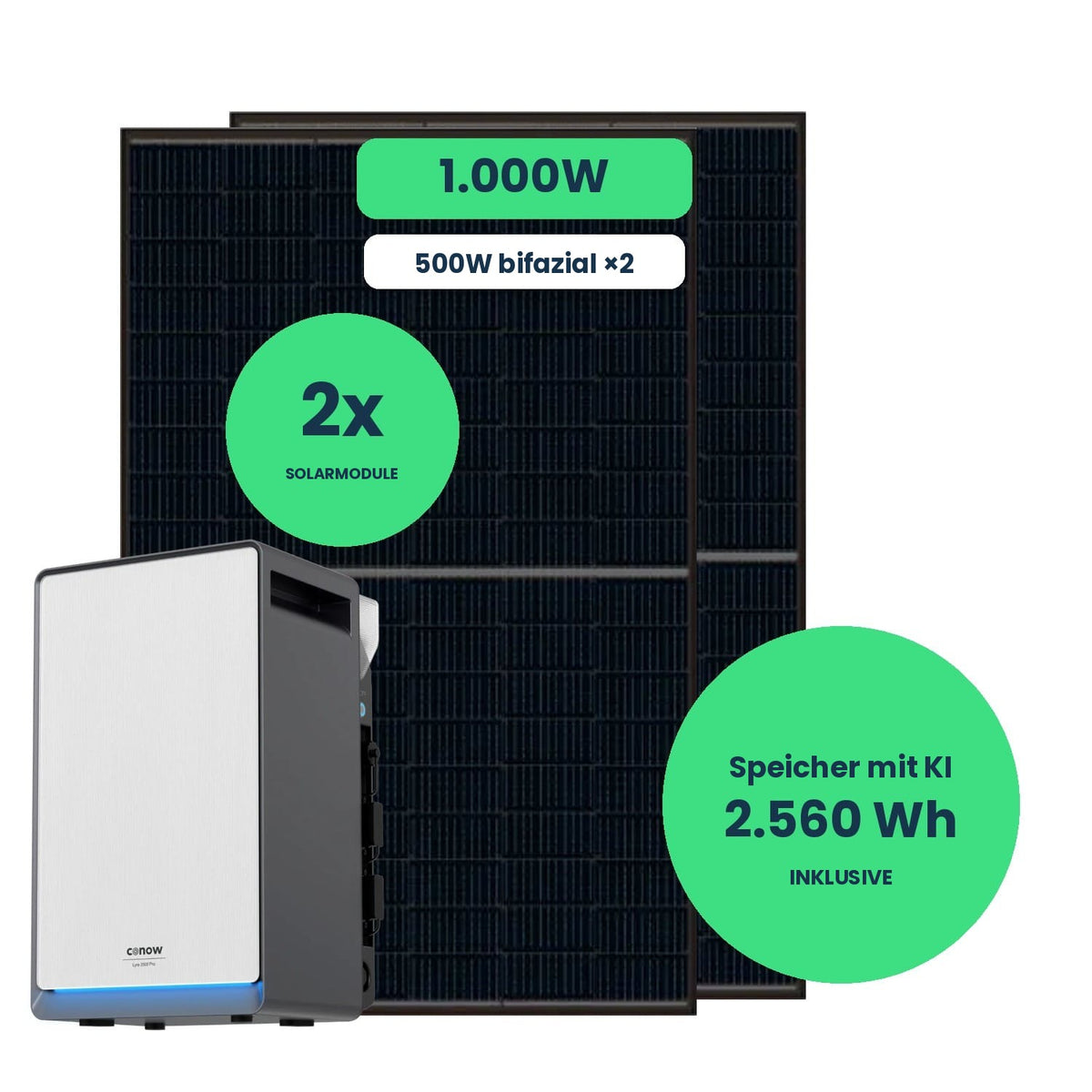 Balkonkraftwerk 1000W mit Speicher Conow Lyra 2500 Pro und 2 Solarmodulen Jolywood 500W