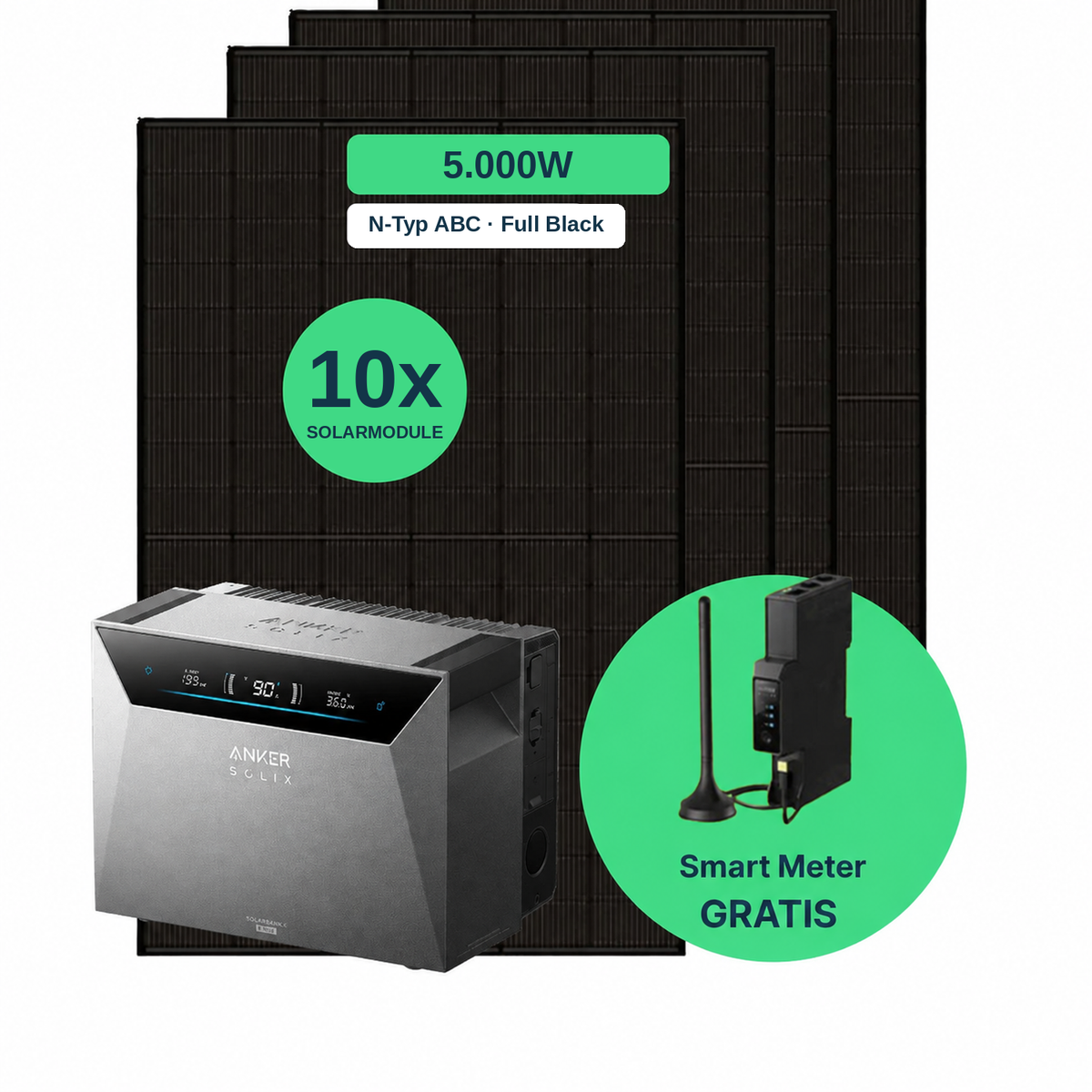 Balkonkraftwerk 5.000 W Komplettset mit 10 Solarmodulen (AIKO 500 W Full Black), Anker SOLIX Solarbank 4 Pro und gratis Smart Meter