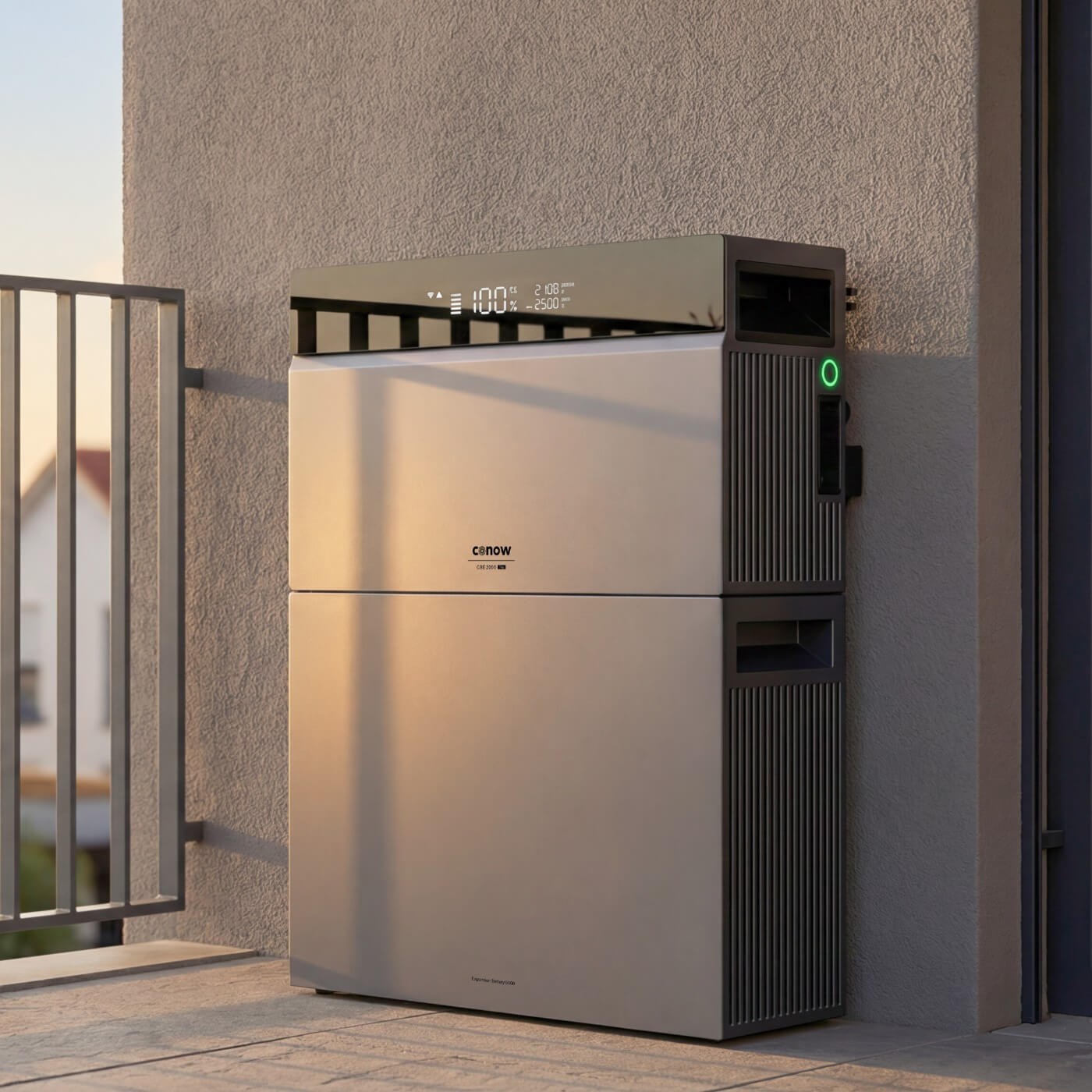 Conow CBE2000 Pro mit 5-kWh-Erweiterungsbatterie am Balkon installiert