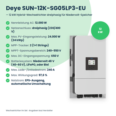 PV-Komplettset 12,24 kWp 3-ph. | 24× AIKO Neostar 510W + Deye SUN-12K-SG05LP3 + Deye LV SE-F16-C