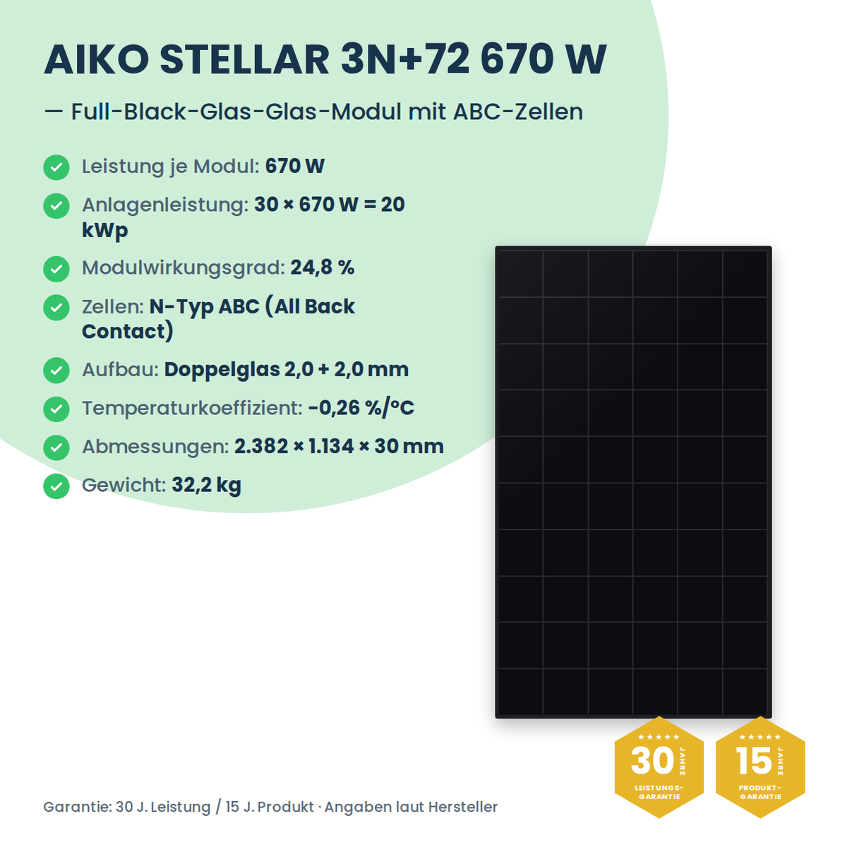 PV-Komplettset 20 kWp 3-ph. | 30× AIKO STELLAR 670W + Sungrow SH20T + Sungrow SBH200