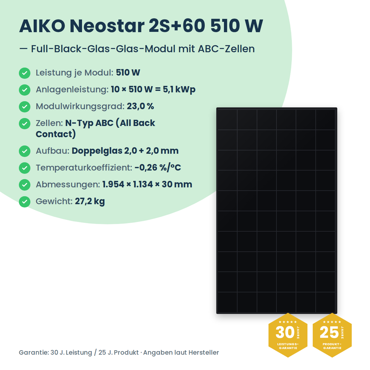 PV-Komplettset 5,1 kWp | 10× AIKO Neostar 510W + Deye SUN-5K-SG05LP1 + Deye LV SE-F5 Pro-C