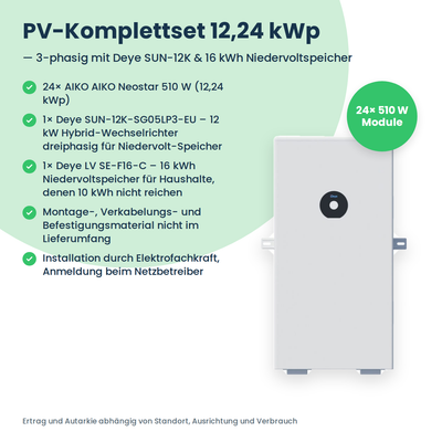 PV-Komplettset 12,24 kWp 3-ph. | 24× AIKO Neostar 510W + Deye SUN-12K-SG05LP3 + Deye LV SE-F16-C