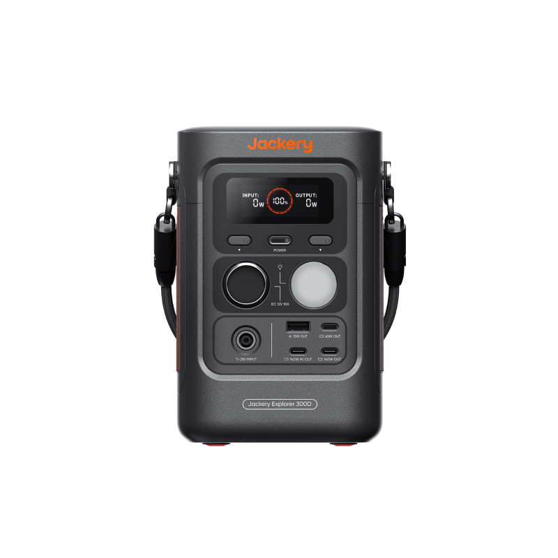 Jackery Explorer 300D DC-Powerstation – Frontansicht mit Display, USB-C-Anschlüssen und abnehmbarem Schultergurt