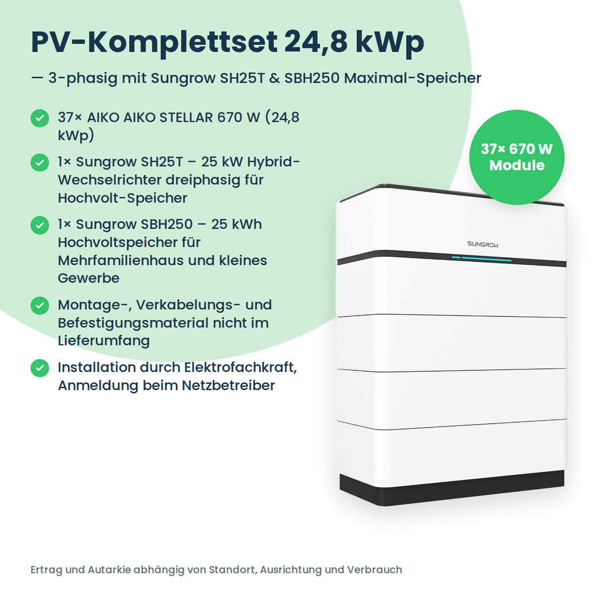 PV-Komplettset 24,8 kWp 3-ph. | 37× AIKO STELLAR 670W + Sungrow SH25T + Sungrow SBH250