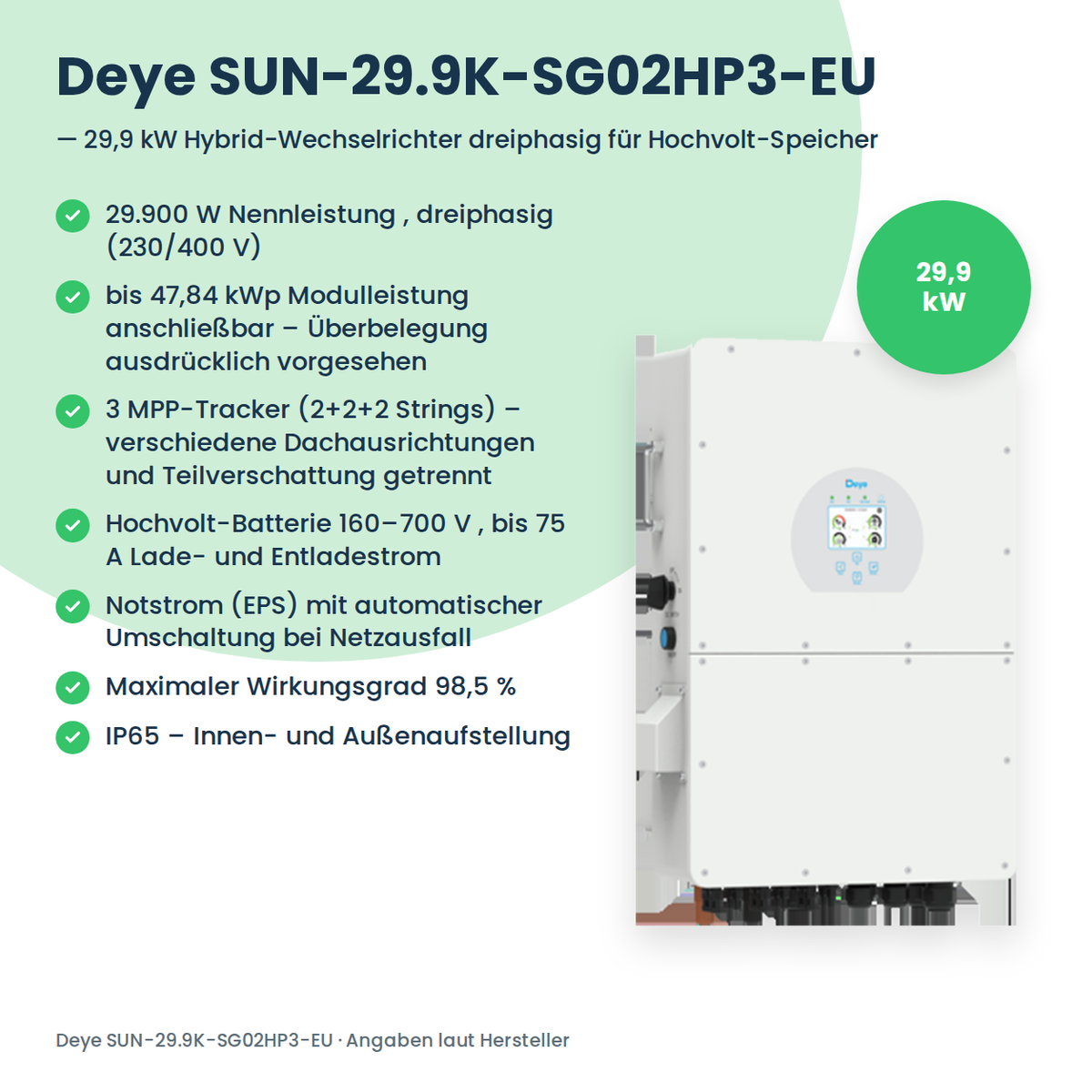 Deye SUN-29.9K-SG02HP3-EU – 29,9 kW Hybrid-Wechselrichter dreiphasig für Hochvolt-Speicher