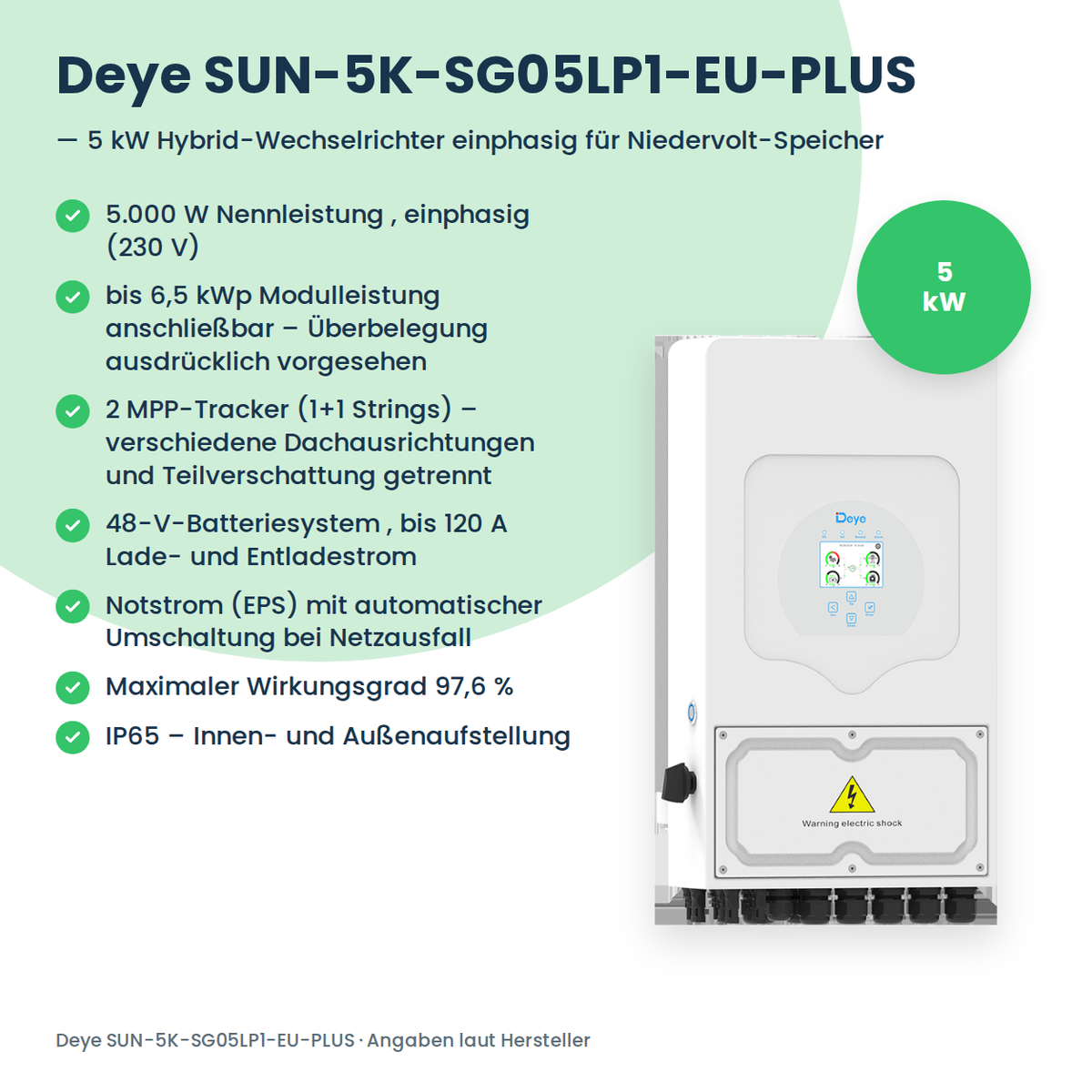 Deye SUN-5K-SG05LP1-EU-PLUS – 5 kW Hybrid-Wechselrichter einphasig für Niedervolt-Speicher
