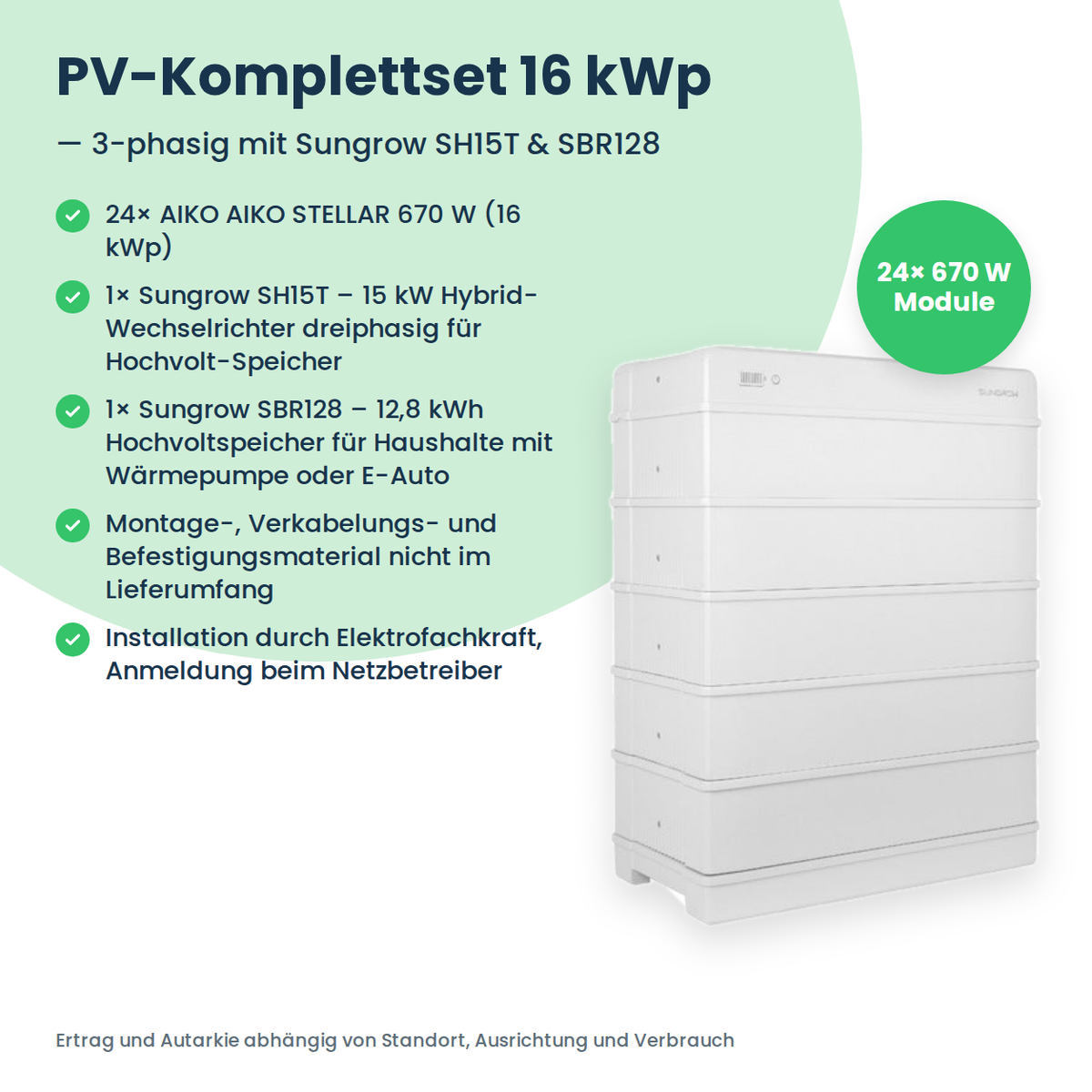 PV-Komplettset 16 kWp 3-ph. | 24× AIKO STELLAR 670W + Sungrow SH15T + Sungrow SBR128