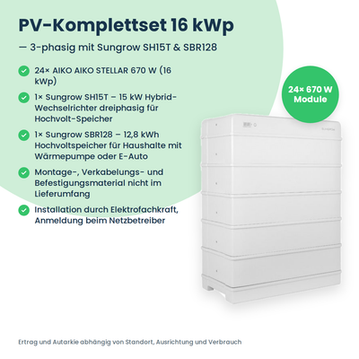 PV-Komplettset 16 kWp 3-ph. | 24× AIKO STELLAR 670W + Sungrow SH15T + Sungrow SBR128