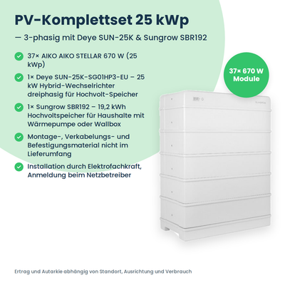 PV-Komplettset 25 kWp 3-ph. | 37× AIKO STELLAR 670W + Deye SUN-25K-SG01HP3 + Sungrow SBR192