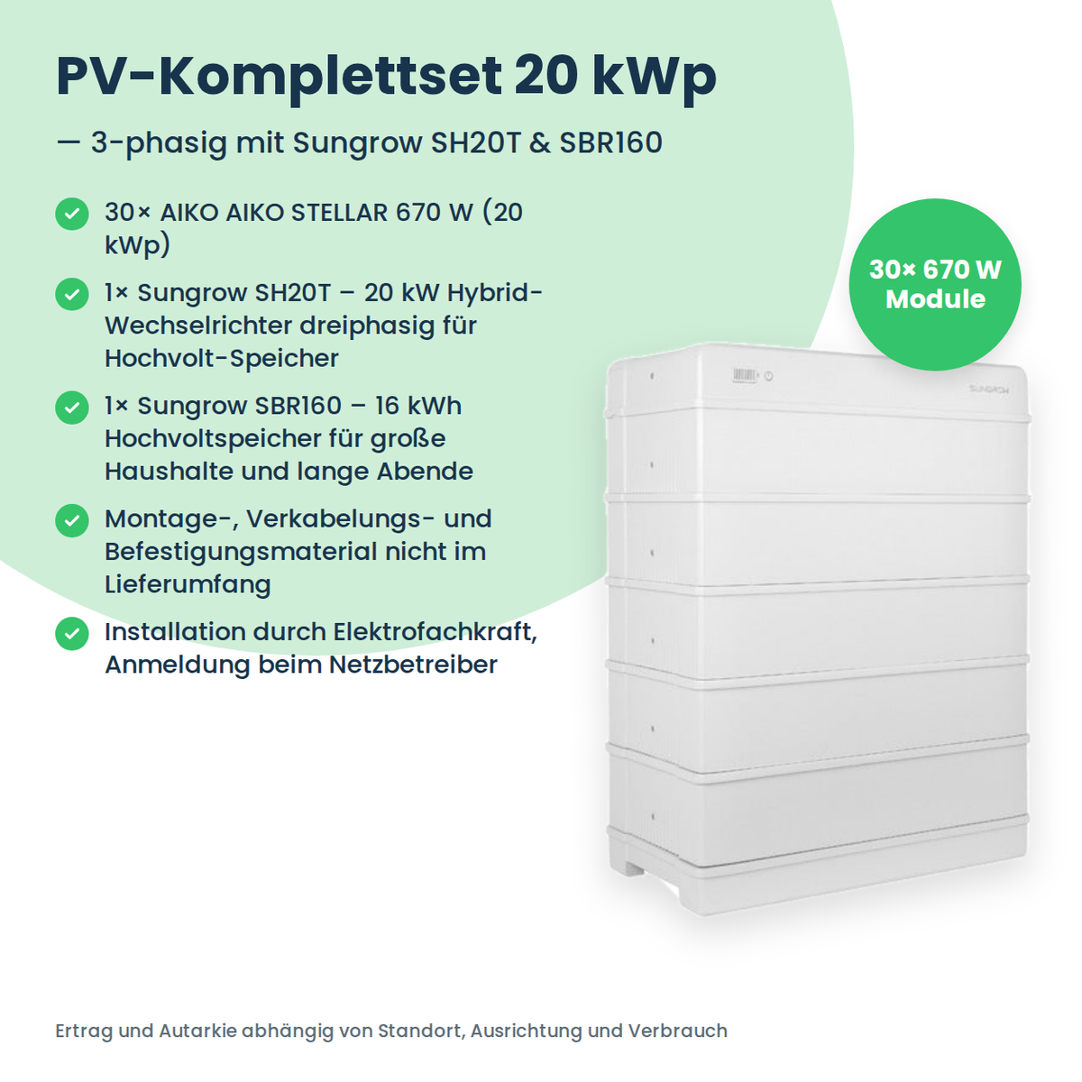 PV-Komplettset 20 kWp 3-ph. | 30× AIKO STELLAR 670W + Sungrow SH20T + Sungrow SBR160