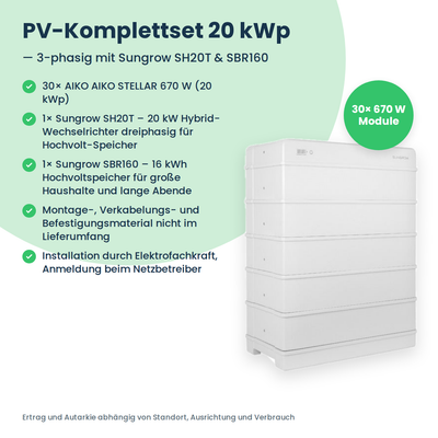 PV-Komplettset 20 kWp 3-ph. | 30× AIKO STELLAR 670W + Sungrow SH20T + Sungrow SBR160
