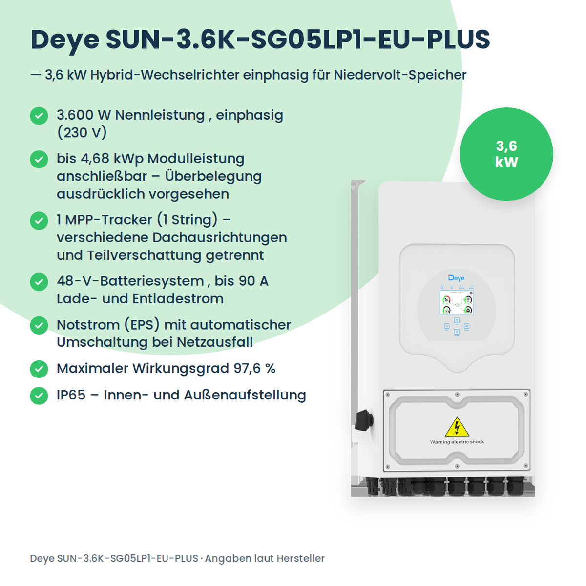 Deye SUN-3.6K-SG05LP1-EU-PLUS – 3,6 kW Hybrid-Wechselrichter einphasig für Niedervolt-Speicher