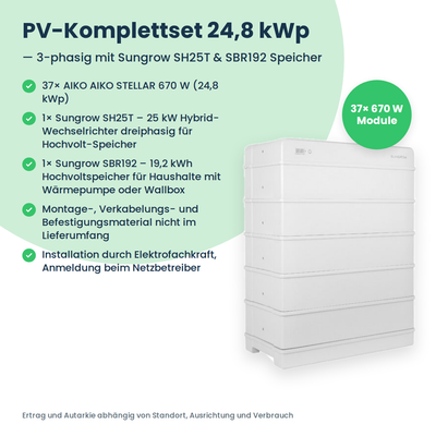 PV-Komplettset 24,8 kWp 3-ph. | 37× AIKO STELLAR 670W + Sungrow SH25T + Sungrow SBR192