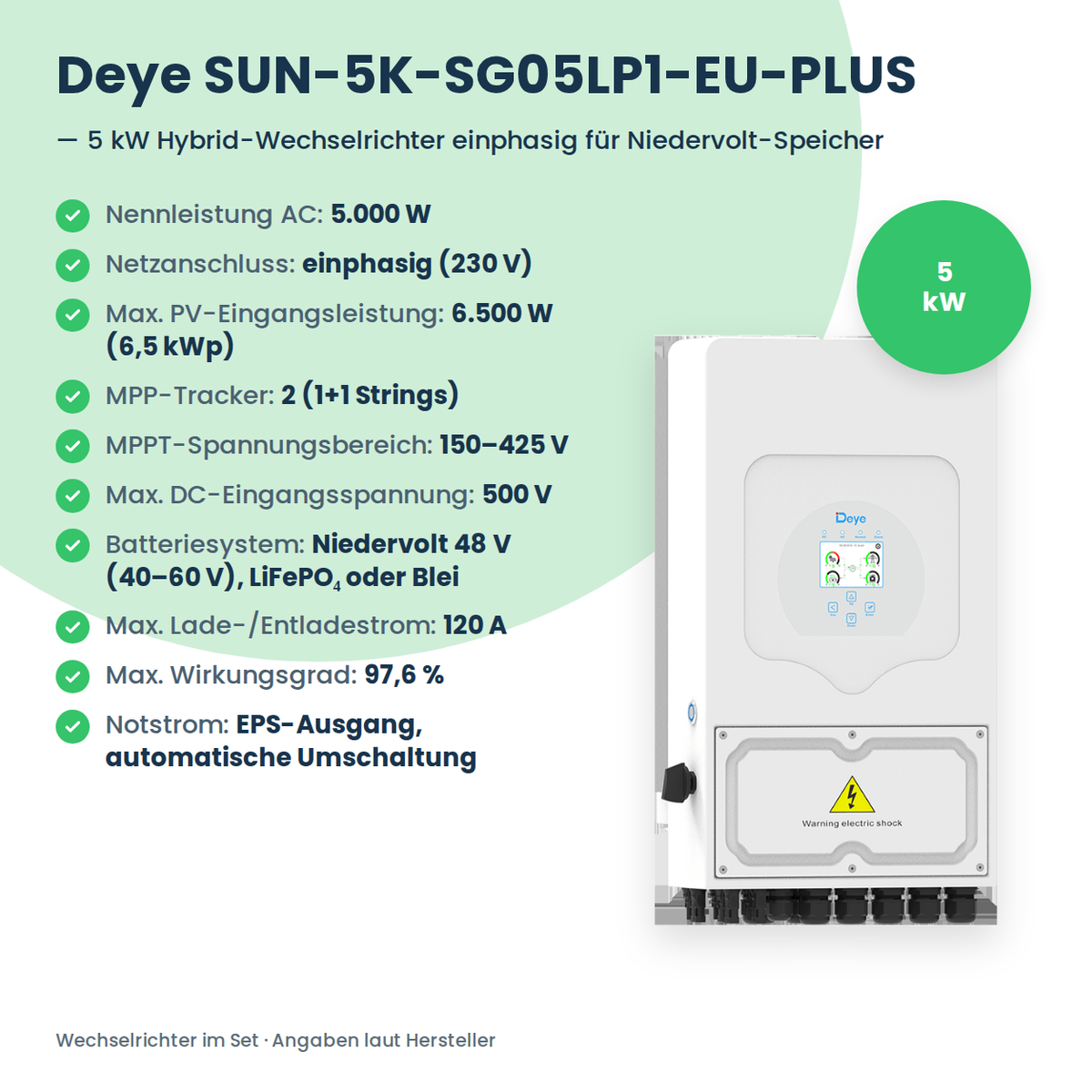 PV-Komplettset 5,1 kWp | 10× AIKO Neostar 510W + Deye SUN-5K-SG05LP1 + Deye LV SE-F5 Pro-C