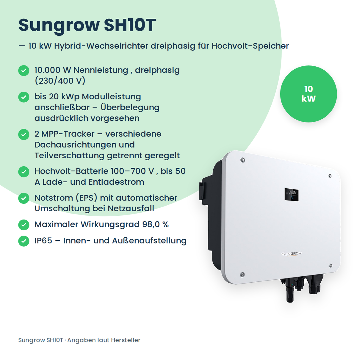 Sungrow SH10T – 10 kW Hybrid-Wechselrichter dreiphasig für Hochvolt-Speicher